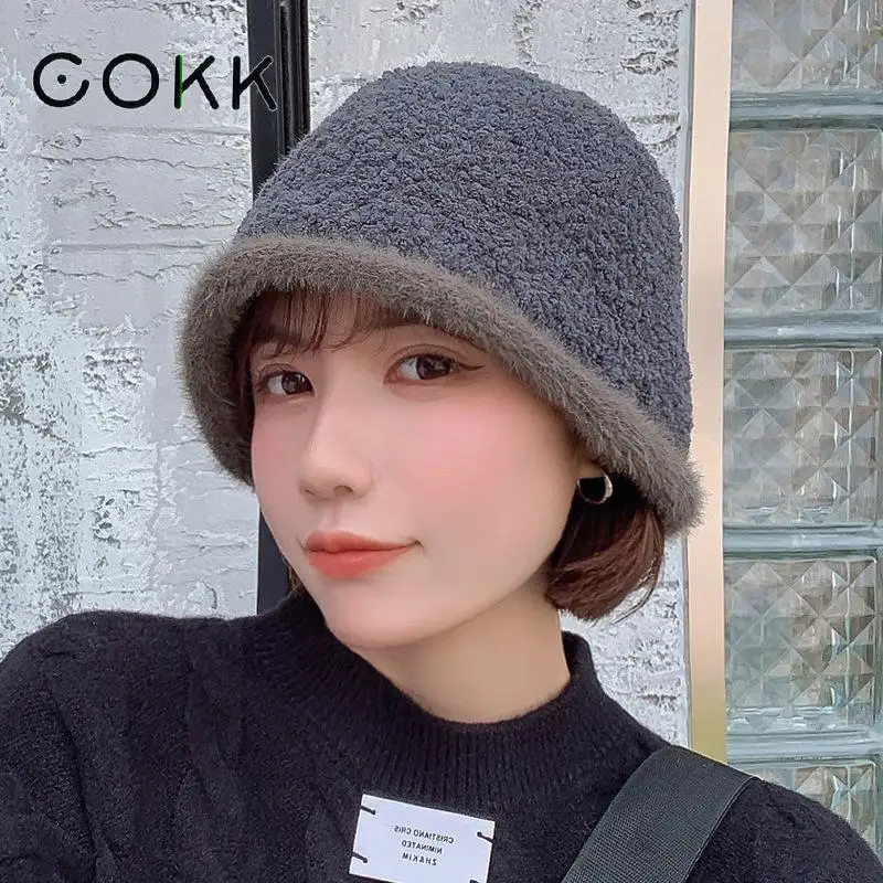 

COKK Bucket Hat Women Winter Fisherman Cap Korean Solid Color Roll Brim Casual Keep Warm Gorro Winter Cap Female New