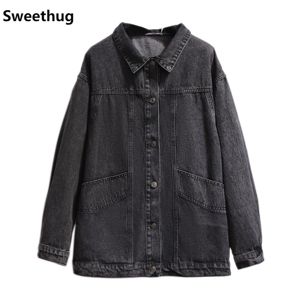 

Sweethug spring autumn plus size jeans wear jacket for women large long sleeve loose casual cotton denim coat black 4XL 5XL 6XL