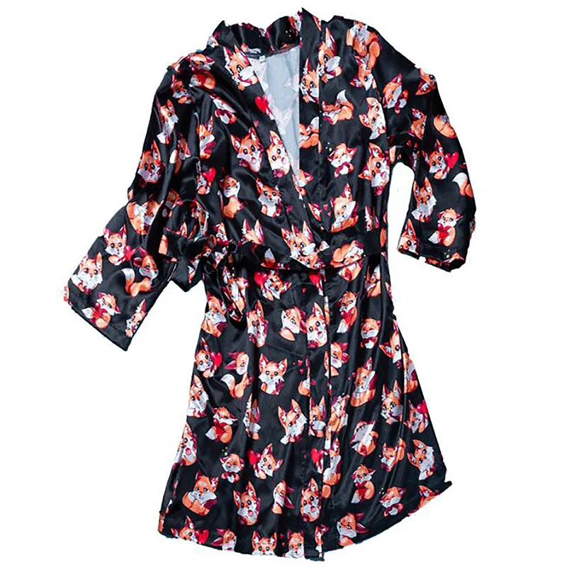 Fox Pajamas Pattern Women Robes with Sashes Print Three Quarter Sleeve Sexy Robe Satin V-Neck Elegant Night Sleepwear
