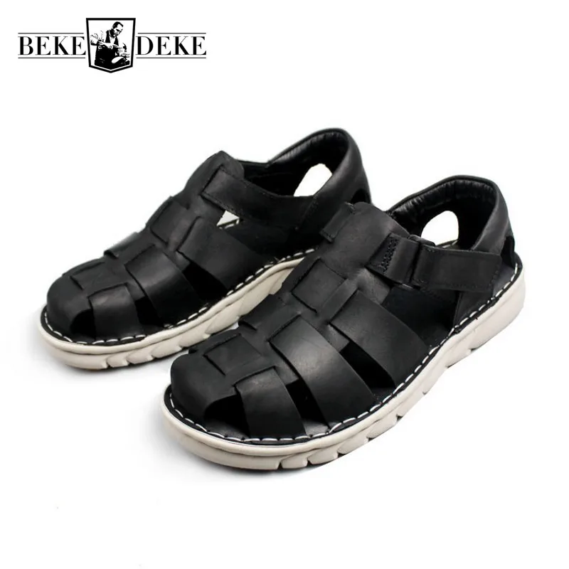 

2022 Summer Mens Genuine Leather Casual Vintage Non-Slip Fashion Concise Sandals New Korean Style Outdoor Male Baotou Sandals