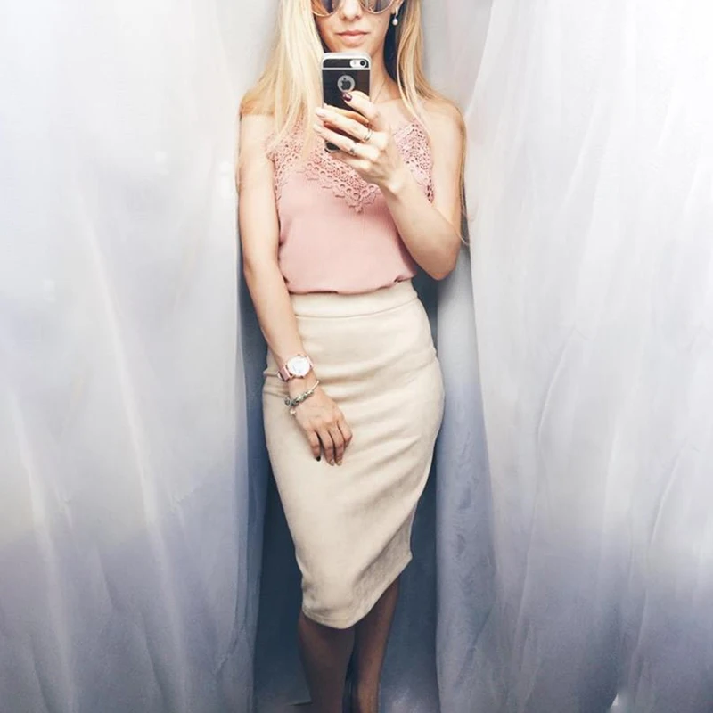 

Women Split Skirts Vintage Elegant Suede Bodycon Skirt 2020 High Waist Women Knee Length Pencil Skirt Solid Office Midi Skirts