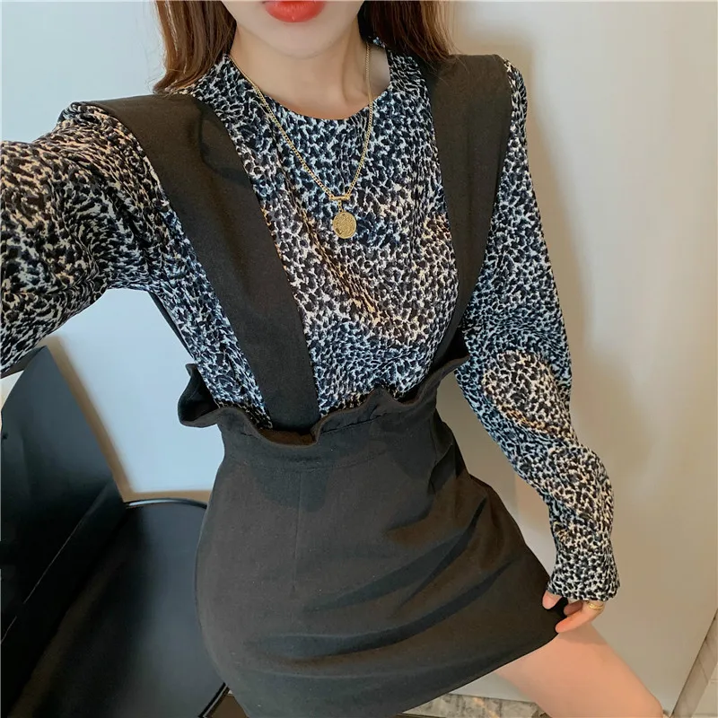 

Hstar Two Piece Set Women Vintage Chic Fashion Tops Flower Shirts Spaghetti Stripe Dress Ruffles Elegant Blouse Korean Fashion