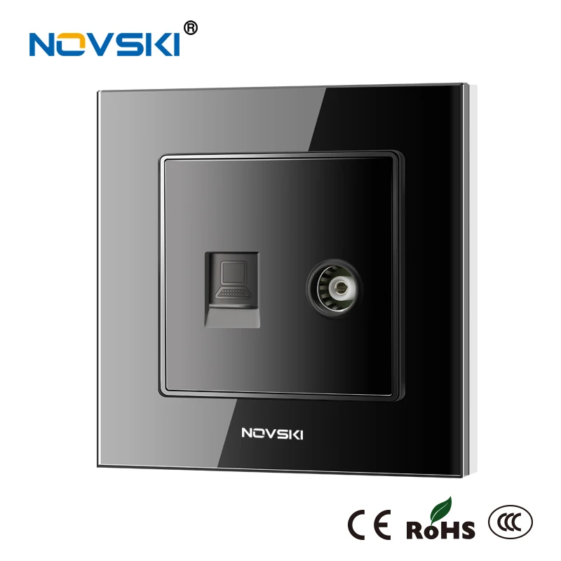NOVSKI RJ45 Cat6 10 Гбит/с компьютер LAN Ethernet стены данных коаксиальный ТВ Антенна Разъем Кристалл Закаленное стекло панель 86*86 мм