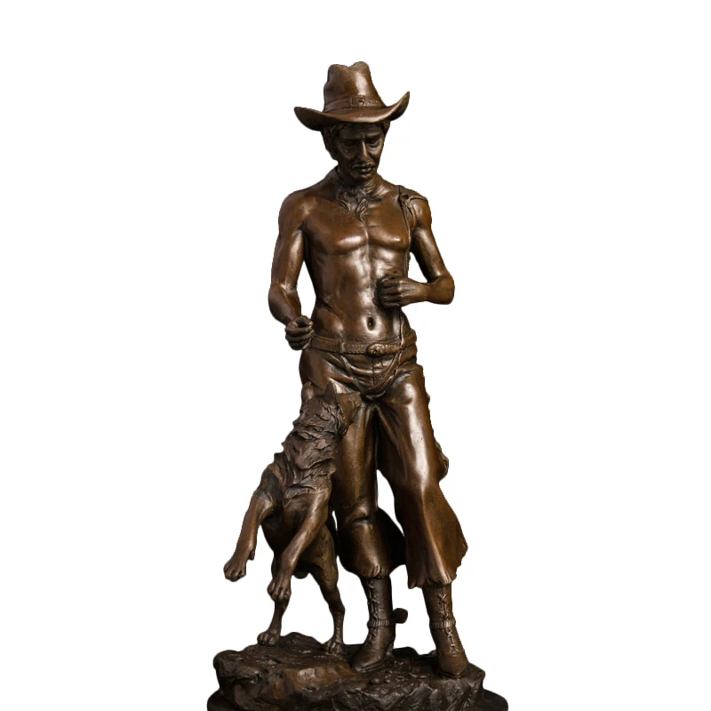 Западная ковбойская скульптура с собакой Мужская статуя из литой бронзы