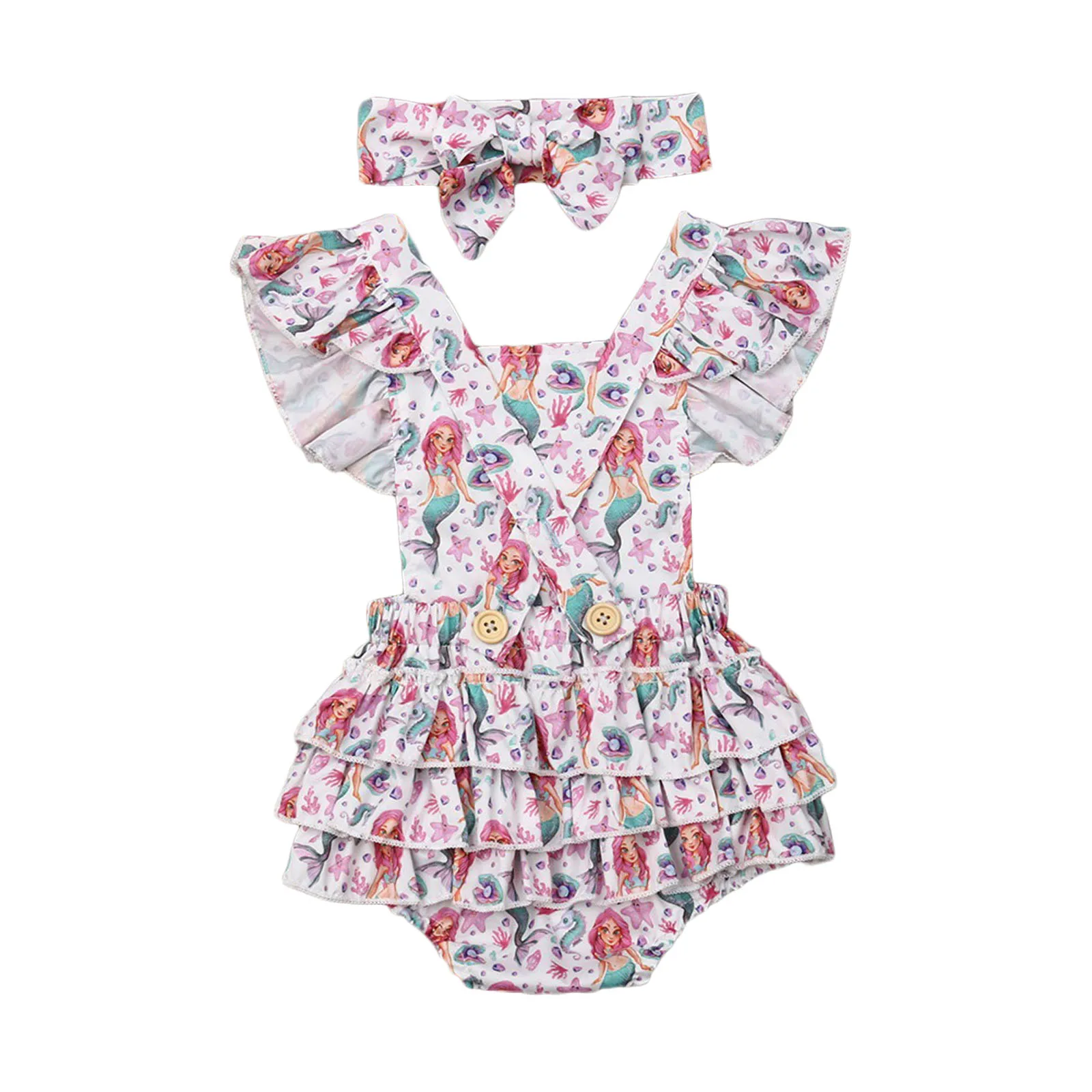 

Newest Arrival Baby Girls 2Pcs Summer Bodysuits Outfits Cute Ruffle Sleeve Animal Print Bodysuits with Headband Set