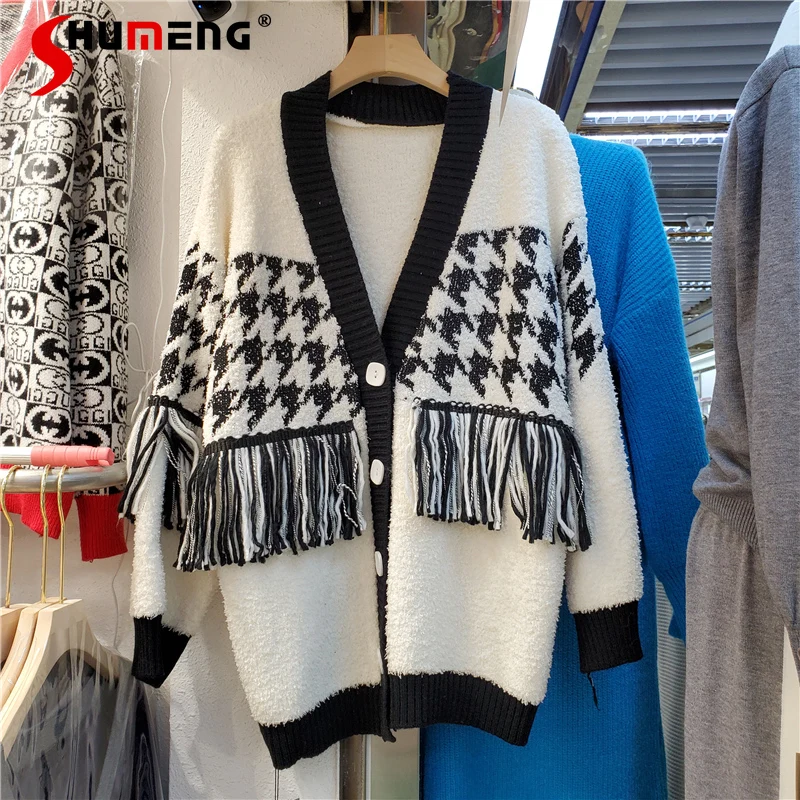 

Fall Winter 2021 New Oversized Tassel Long Sleeve Knit Cardigan Female Sweater Woman Y2K Loose Fuzzy Cardigan Outer Wear Women