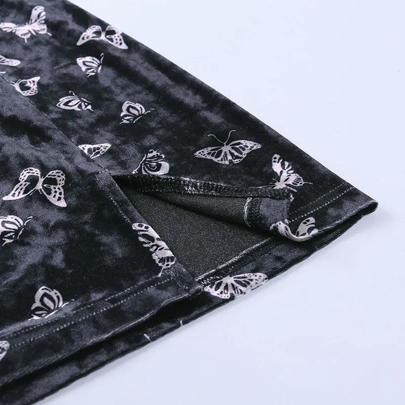 

Black Vintage Velvet Skirt Sexy Butterfly Print Skirts Womens Streetwear High Waist Korean Mini Skirt Split Saia Gilrs