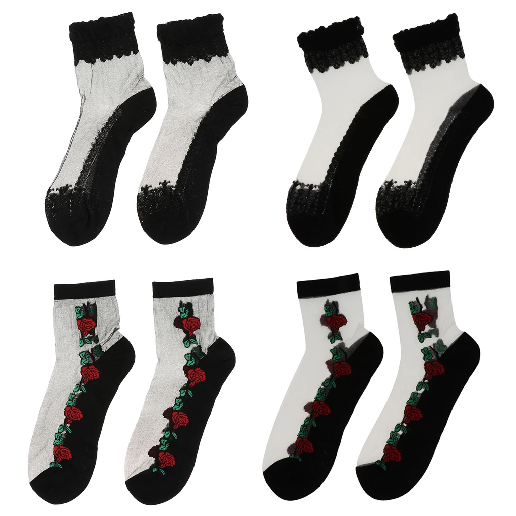

Womens Ankle Socks Ultrathin Transparent Beautiful Crystal Lace Socks