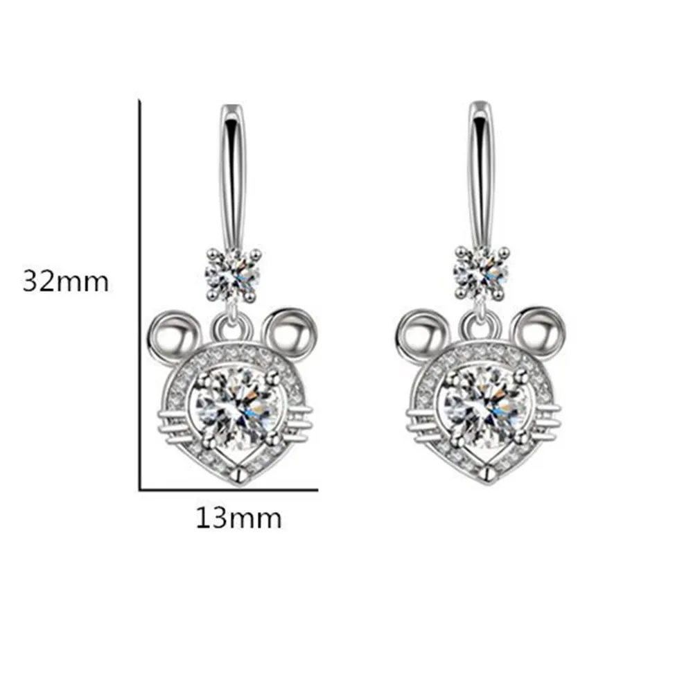 

925 Sterling Silver New Women's Fashion Jewelry Blue Pink Zircon Crystal Mouse Head Long Tassel Retro Hook Earrings