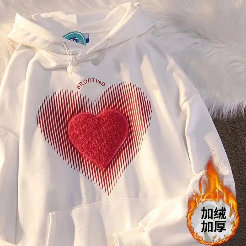 

Women's Hooded Sweatshirt Autumn Winter New Plus Velvet Embroidery Love Pullover Loose Jacket Thickening Fashion Commuter Top