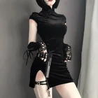 Женское бархатное платье-пряжка платья Ципао, винтажное платье с коротким рукавом, с разрезом, в стиле панк