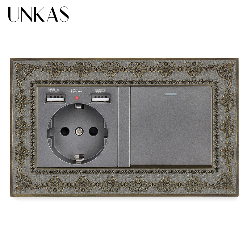 UNKAS 4D Zinc Alloy Metal Panel EU Socket Dual USB Port + 1 2 3 4 Gang / Way On Off Light Switch Embossing Retro Frame | Обустройство