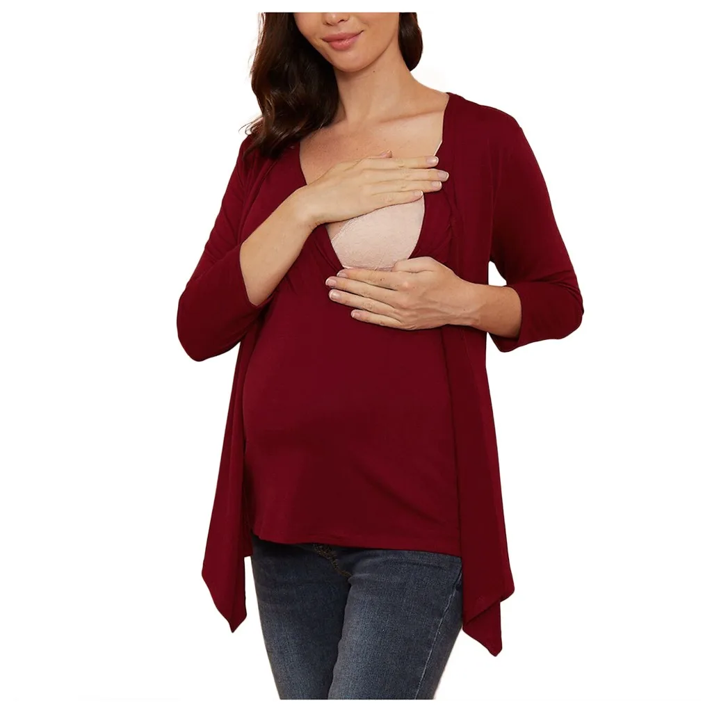 Women Maternity Clothes Long Sleeve Solid Color Nursing Tops T-shirt V-neck Fashion Casual Pregnant Breastfeeding Maternity Tops