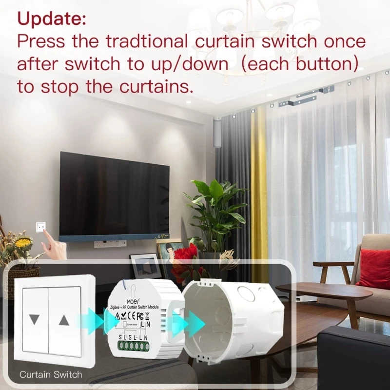 Умный модуль переключателя штор Tuya ZigBee MS-108ZR Graffiti с функцией RF433. Совместимость с приложением Smart Life для Android и iOS.