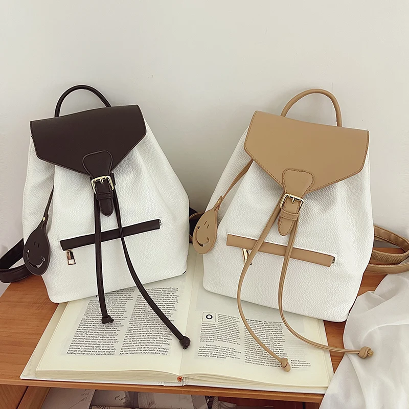 

PU Leather Small Backpack 2021 New Fashion Backpack For Women Contrast Color Package cover type Leisure Shouler Bags