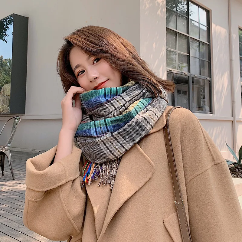 Женский теплый шарф в Корейском стиле зимняя плотная Радужная шаль двойного