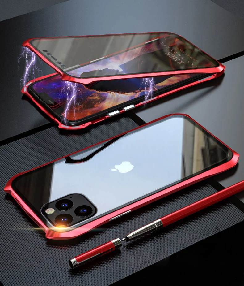 Двухсторонний задний+ передний стеклянный Магнитный чехол для Apple iPhone 11 Pro Max Роскошный Алюминиевый металлический бампер 360 Защитный чехол с петлей