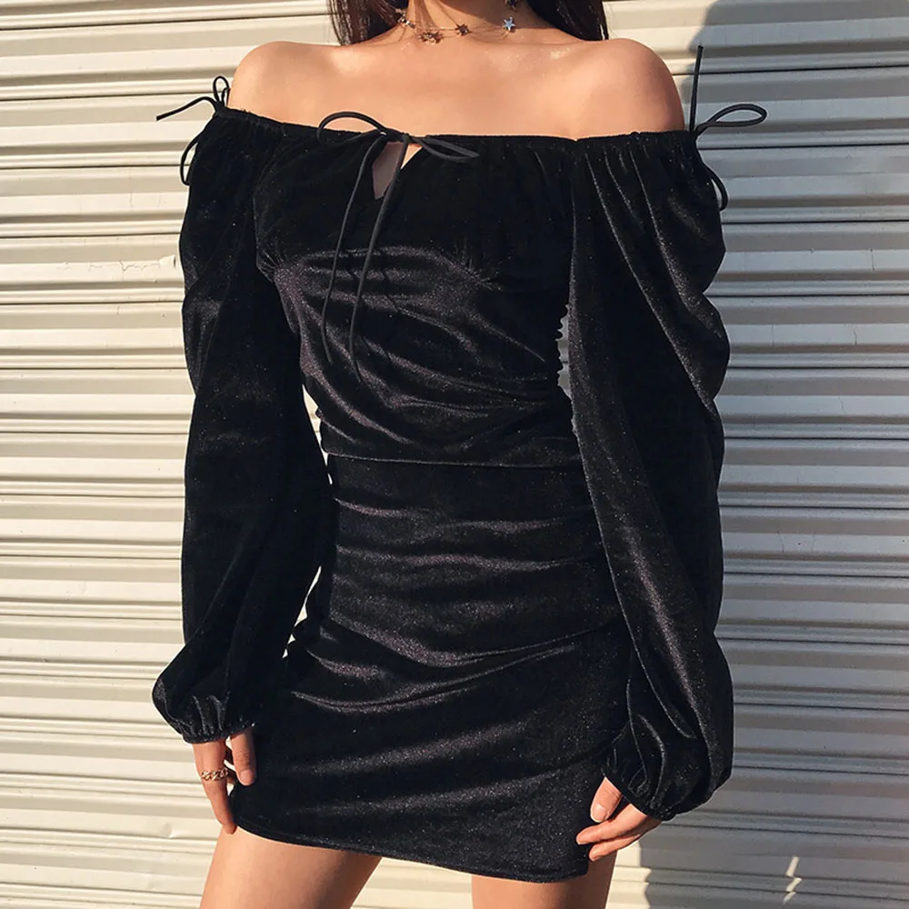 Gothic Vintage Velvet Short Dresses Sexy Lace Up Dress Mini Night Club Fashion Black Long Sleeve Spring 2020 Summer Платье | Женская