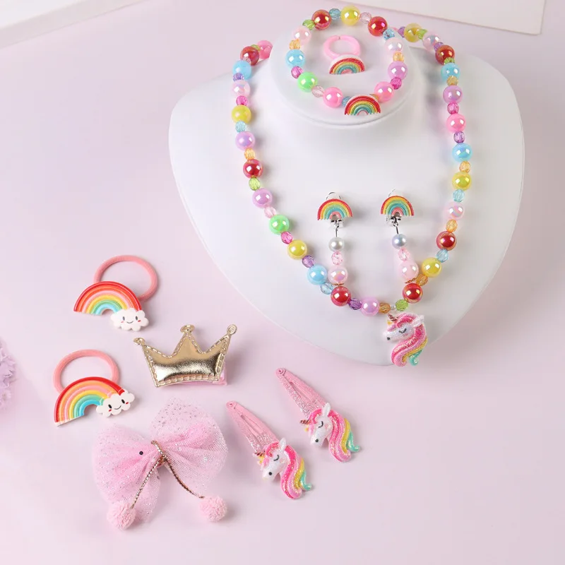 

Children's Necklace Bracelet Hairpin Headwear Set Unicorn Cartoon Mermaid Girls Necklace Mermaid Princess Jewelry 2-Piece Set