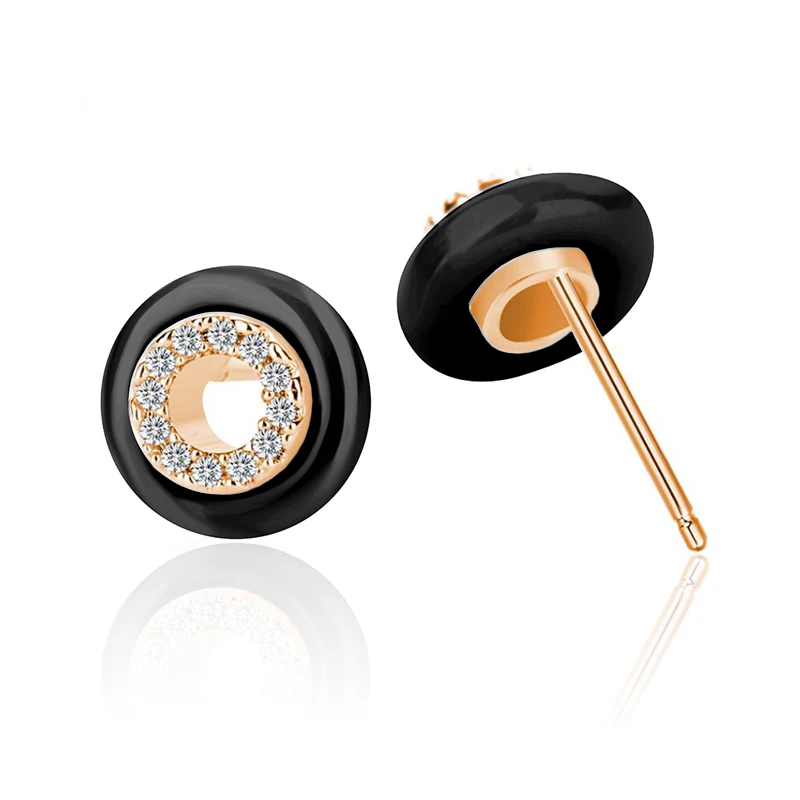 Простые черно-белые серьги-гвоздики из керамики с фианитом круглые маленькие
