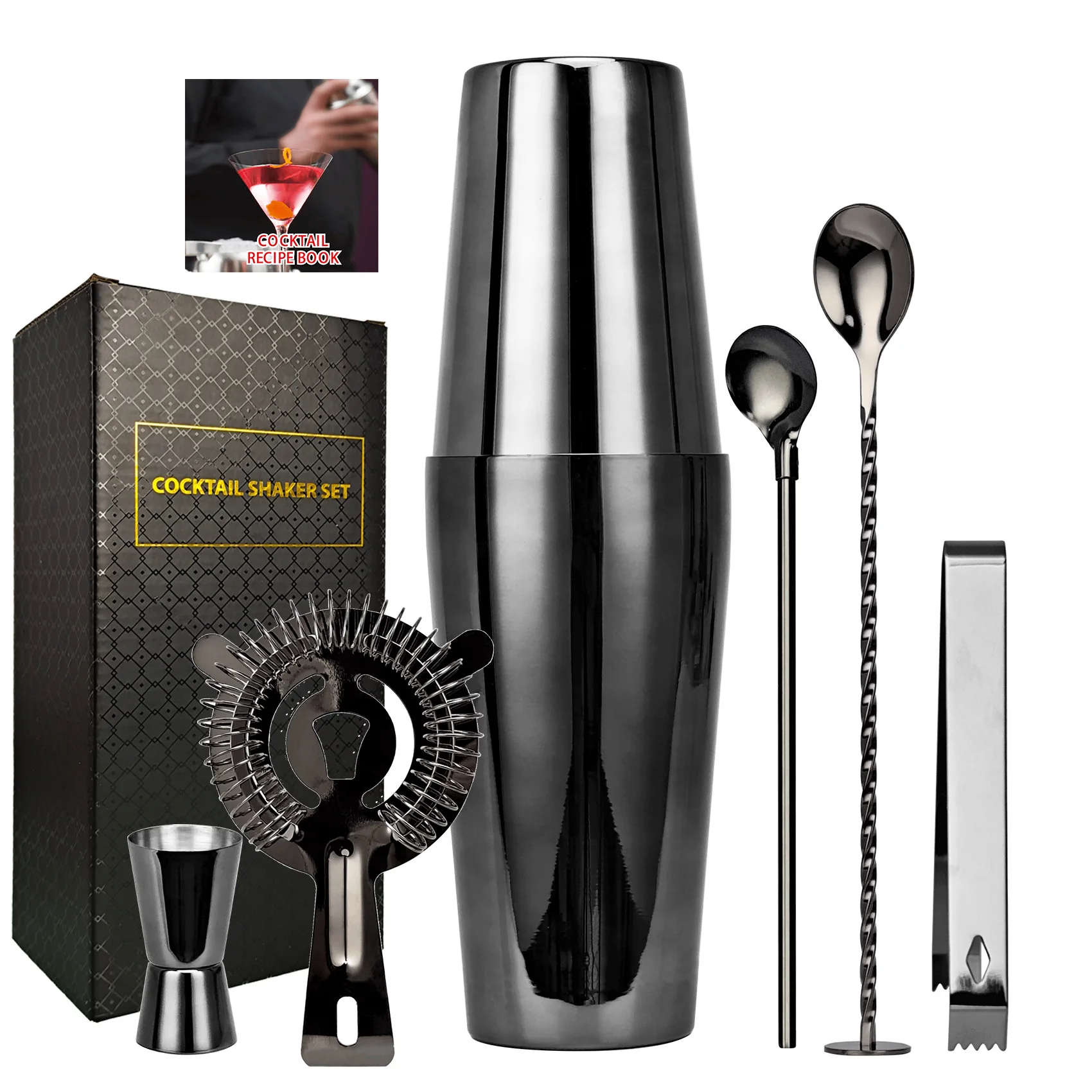 

6 Pcs Set black color Cocktail Shaker Set staniless steel Bar Tool for Gift