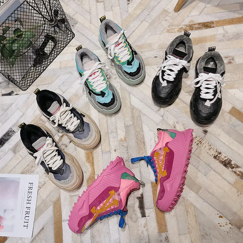 Women Color Blocking Thick bottom Fur Sneakers Ridged Sole Casual Runway Shoes Outdoor Walk Winter Plush Trainers | Обувь