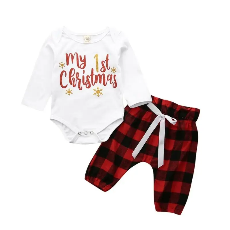 Newborn Baby Set 0-24 Months 2 Pcs Child Costume Boy White Letter Print Top + Red Plaid Pants Fashion Girl Suit | Детская одежда и