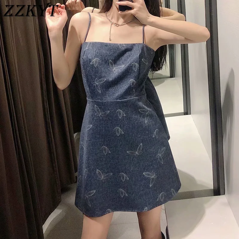 

ZZKYT 2021 женское летнее модное джинсовое мини-платье с принтом, винтажное тонкое платье с квадратным вырезом, открытой спиной и жестяными лямк...