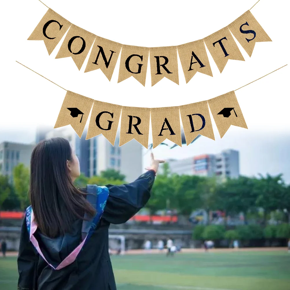 

2019 Graduation Banner Decorations Graduation Burlap Bunting Banner Linen Hanging Garland Set(CONGRATS GRAD, Burlap Swallowtail