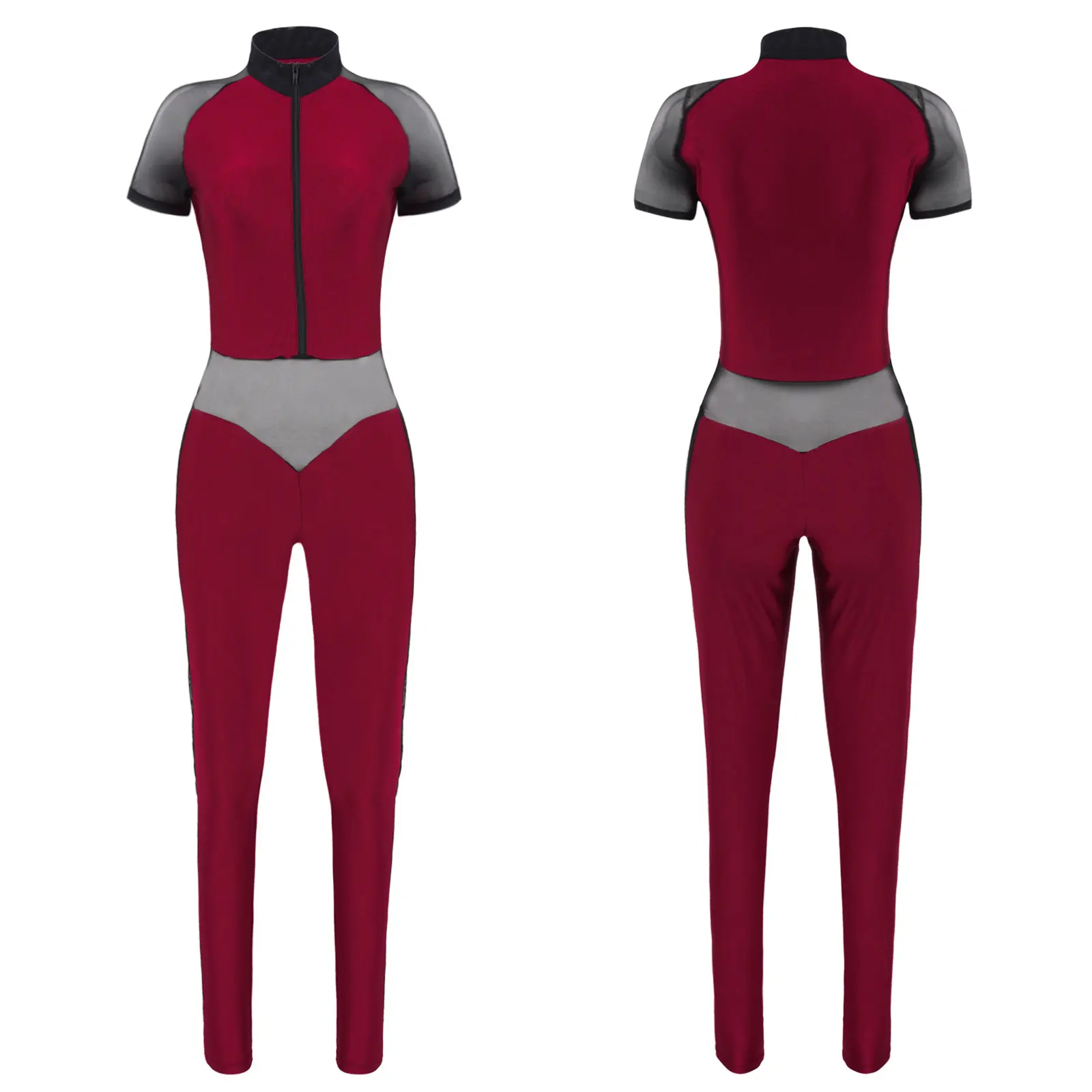 

Spring Autumn Women Casual Skinny Sport Bodysuits Short Sleeve Front Zipper Jumpsuit Running Workout Fitness Leotard Sports Wear