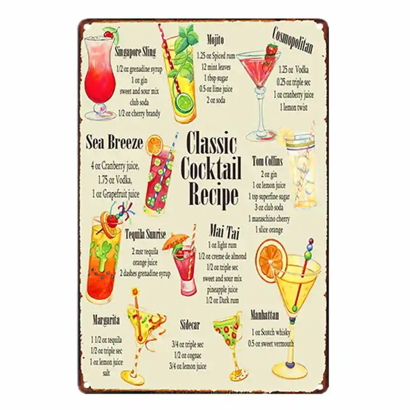 Mojito Cocktail Menu Оловянная вывеска для бара декор стен Клубные металлические поделки