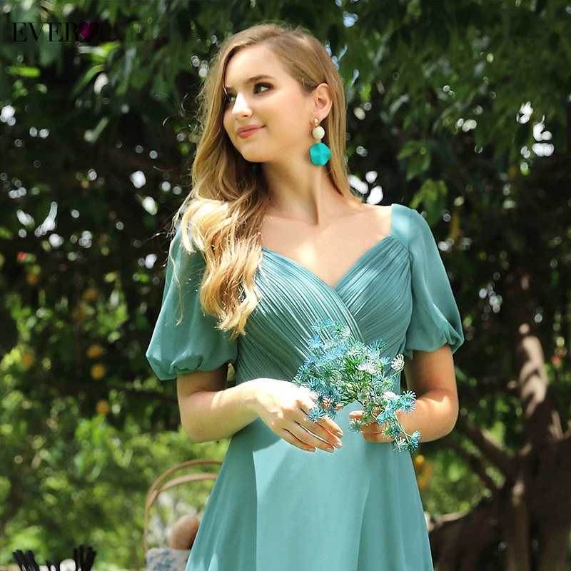 Blue Bridesmaid Dresses Ever Pretty EP00535DB A-Line Pleated Short Sleeve Double V-Neck Elegant Wedding Party Gowns Abendkleider | Свадьбы и