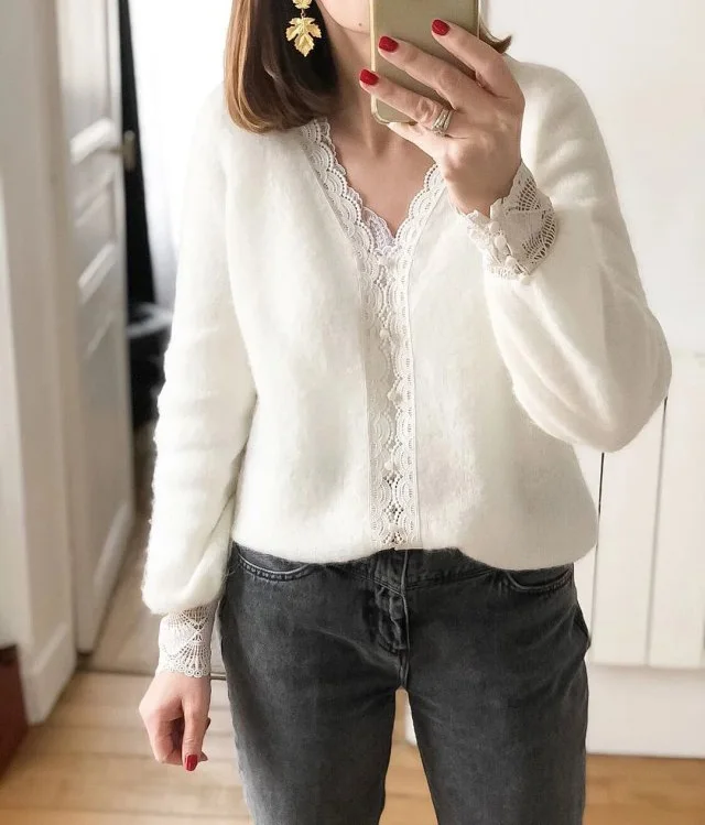 Женский шерстяной вязаный кардиган Elfbop из альпака с V-образным вырезом и кружевом