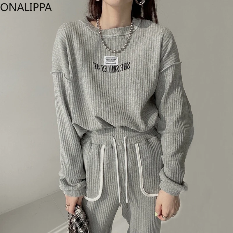 

ONALIPPA Pure Color Sports Sets Korean Chic All-Match Letter Printing Loose Sweater High Waist Pocket Color Matching Trousers