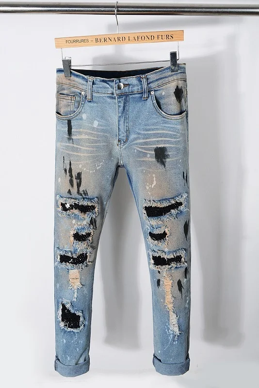 

High Quality Brand Vintage Blue Jeans Men 2021 Hip Hop Ripped Hole Slim Patch Skinny Jeans Pants Washed Stickers Jeans For Men