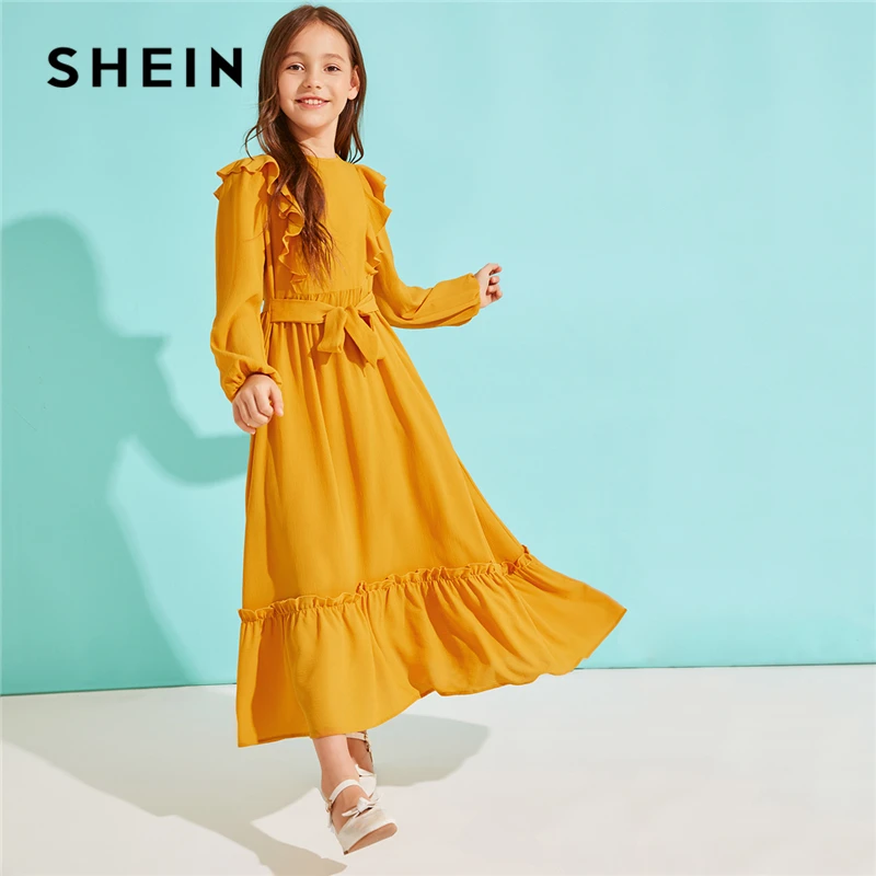 SHEIN Kiddie/однотонное платье с оборками на подоле для девочек с поясом; коллекция года; сезон осень; милые детские макси платья с высокой талией на молнии сзади