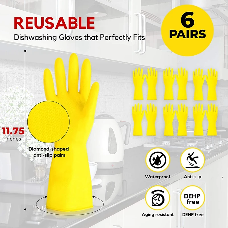 

6 пар, резиновые перчатки для мытья посуды