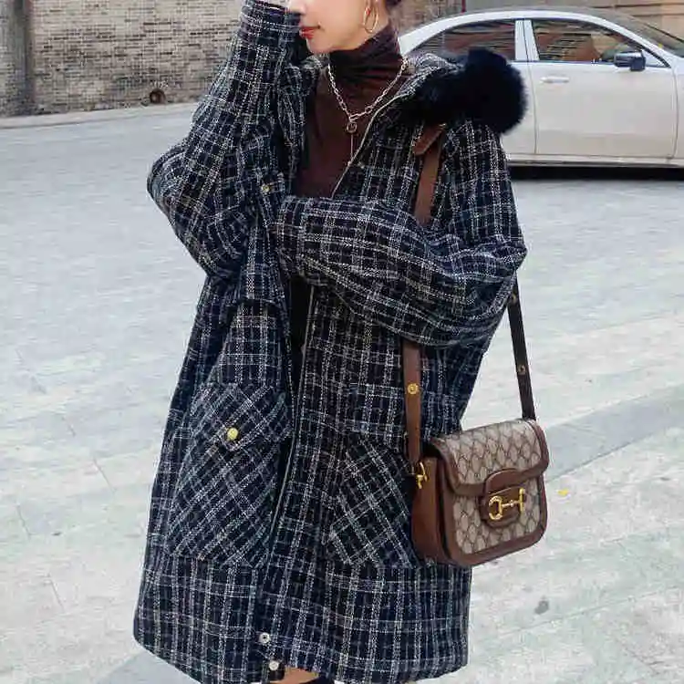 

Parka Women 's Winter 2020 New Loose Fleece Cotton -Padded Jacket Mid-Length Short-Height Plaid Coat