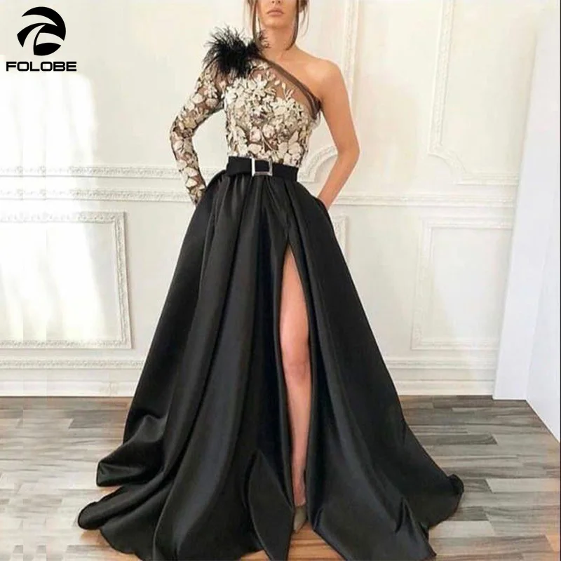 

2020 New Arrival One shoulder Black Kaftan dubai evening dress Sexy Gala appliques feather formal Party gowns Vestidos