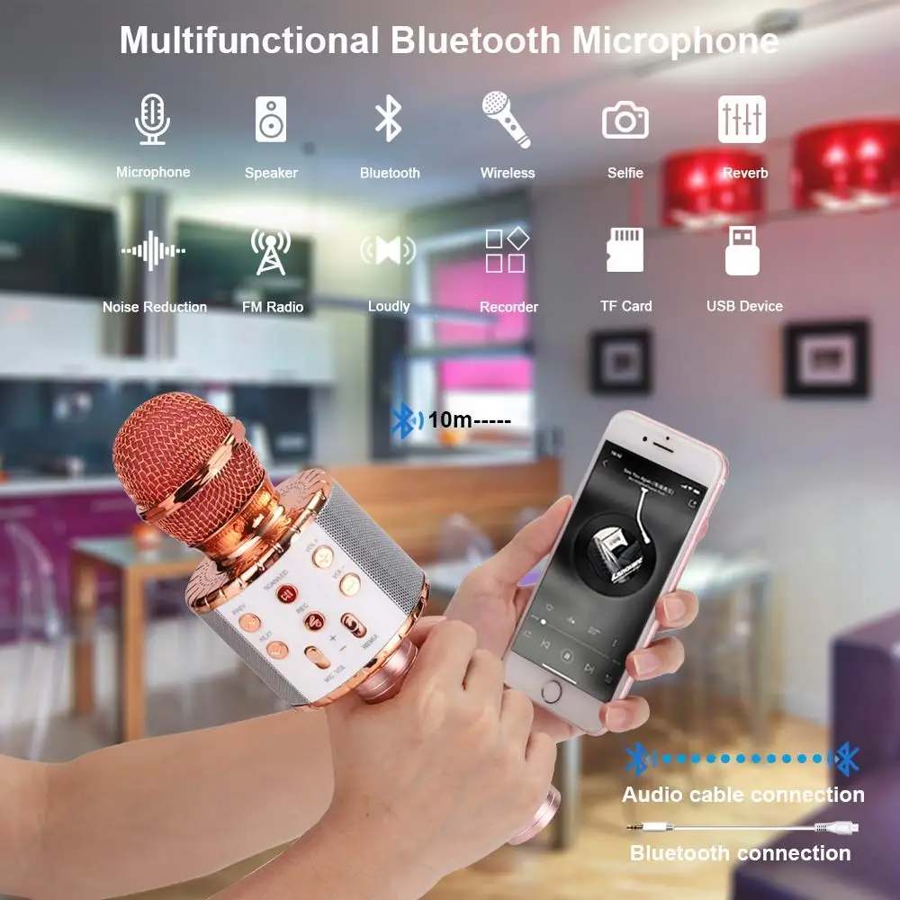 Беспроводной караоке микрофон Bluetooth ручной портативный динамик домашний KTV плеер с танцами светодиодный подсветка Запись функция для детей