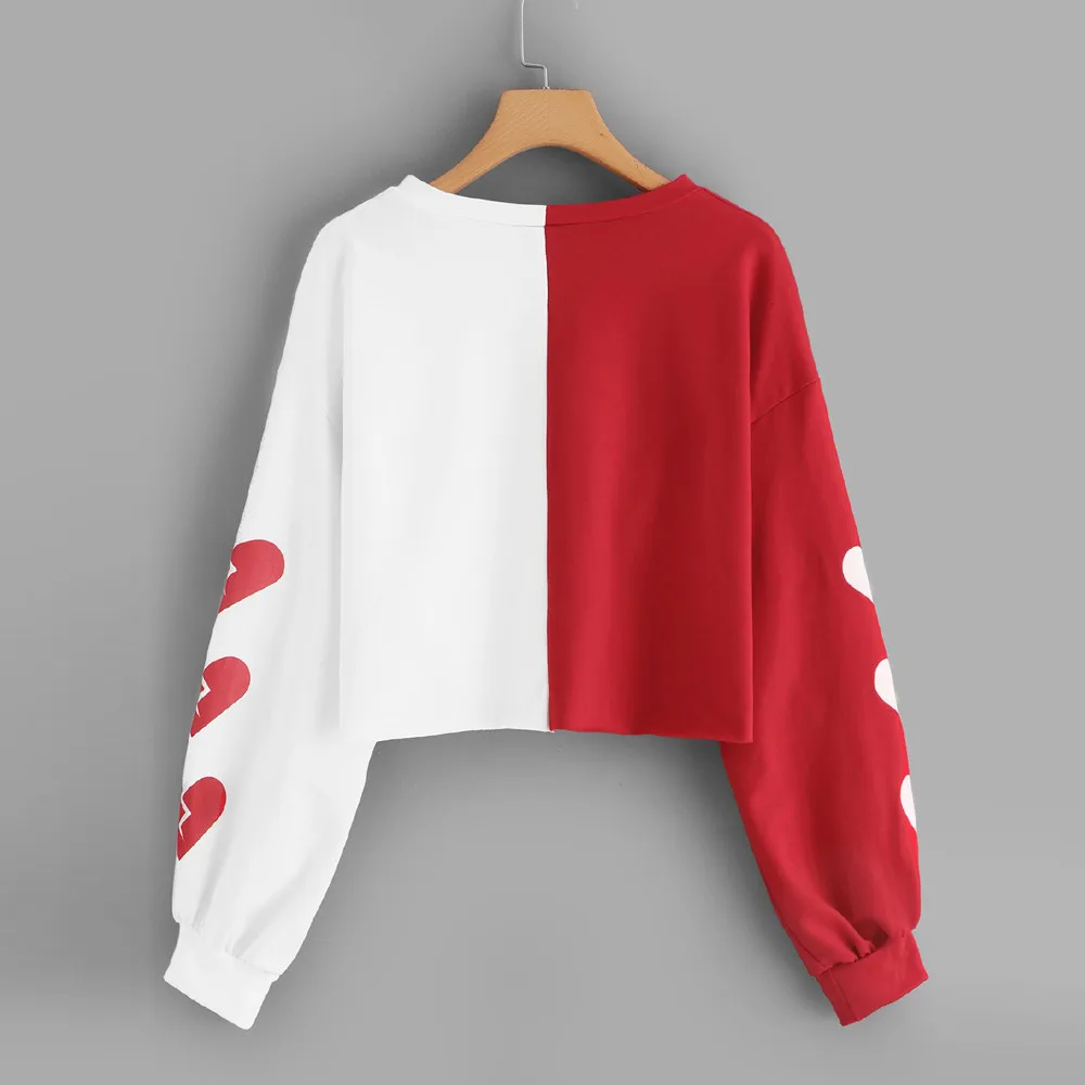 Heart Print patchwork Sweatshirt Women Long Sleeve Pullovers Sweatshirts Casual Short Tops Woman Streetwear Moletom Feminino | Женская
