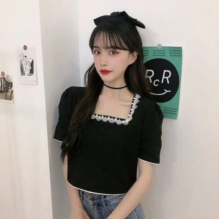 

Женские футболки, Женский трикотажный топ с вышивкой и оборками, с коротким рукавом и квадратным воротником, короткий топ, Camisetas