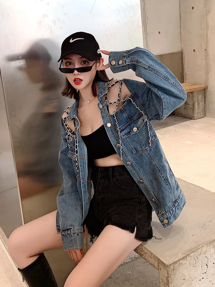 Женская джинсовая куртка с длинными рукавами Повседневная Свободная длинная из