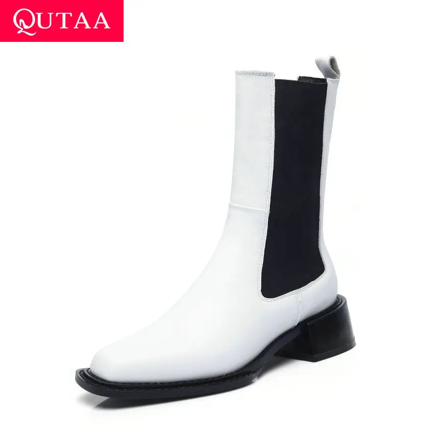 Женские ботинки из коровьей кожи QUTAA черные до середины икры на устойчивом