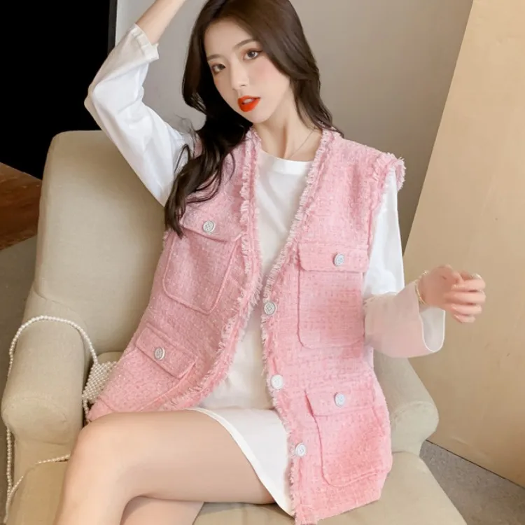 

Женский твидовый жилет в стиле ретро, розовый однотонный кардиган без рукавов, однобортный Повседневный жилет с бахромой, весна 2021