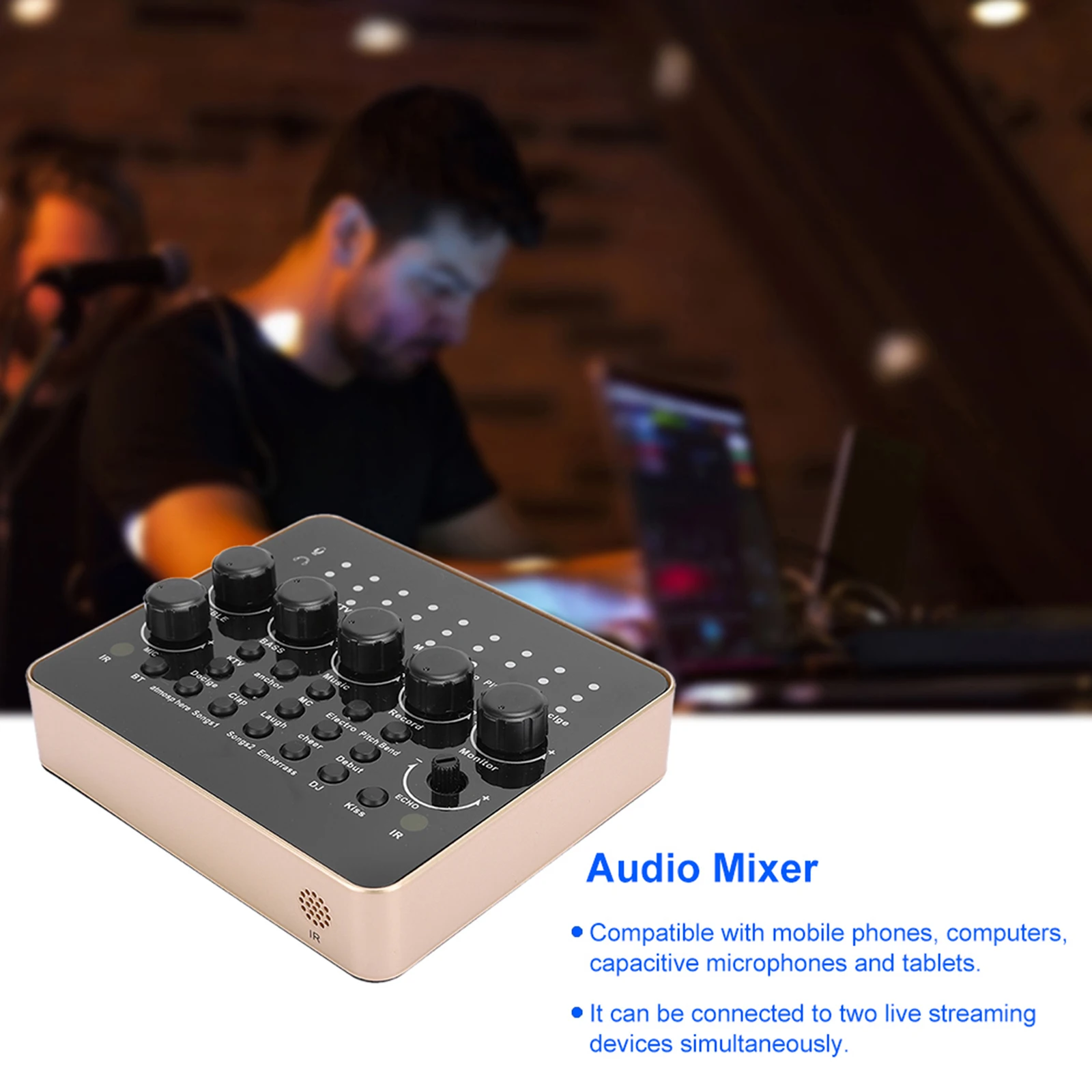 

Dual Chips Multifunctional Audio Mixer Live Sound Card USB Rechargeable Sound Mixer Board For Cell Phone Karaoke Live