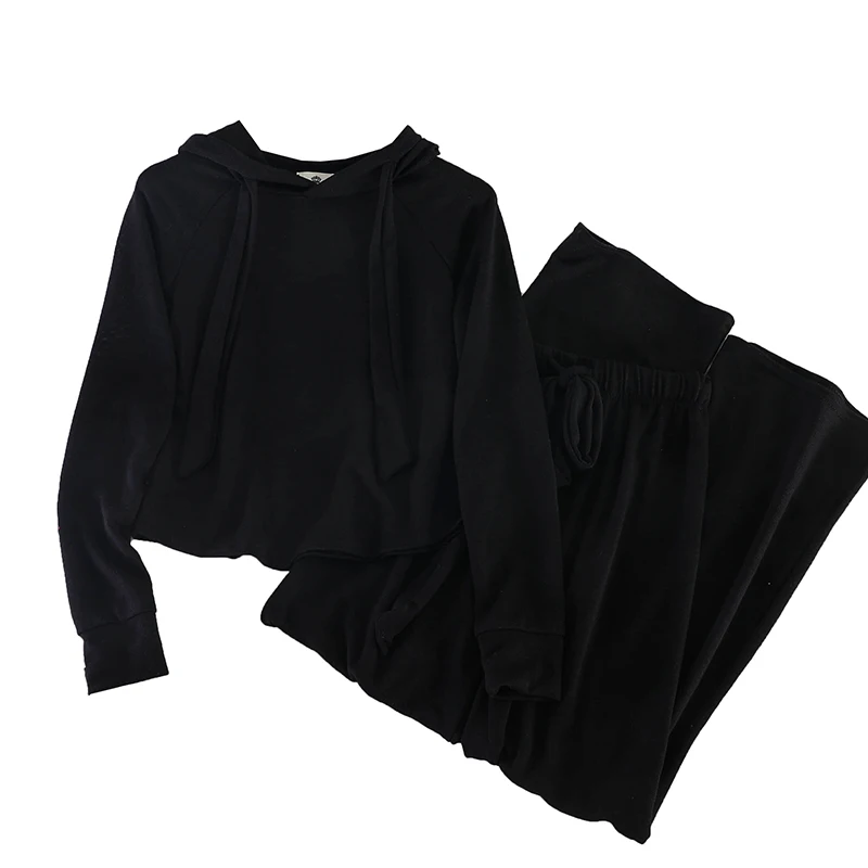 

Casual 2020 Autumn Winter 2020 Women 2pcs Set Solid Hooded Long Sleeve Short T Shirt + Elastic High Waist Pans 2 Piece Set Suit