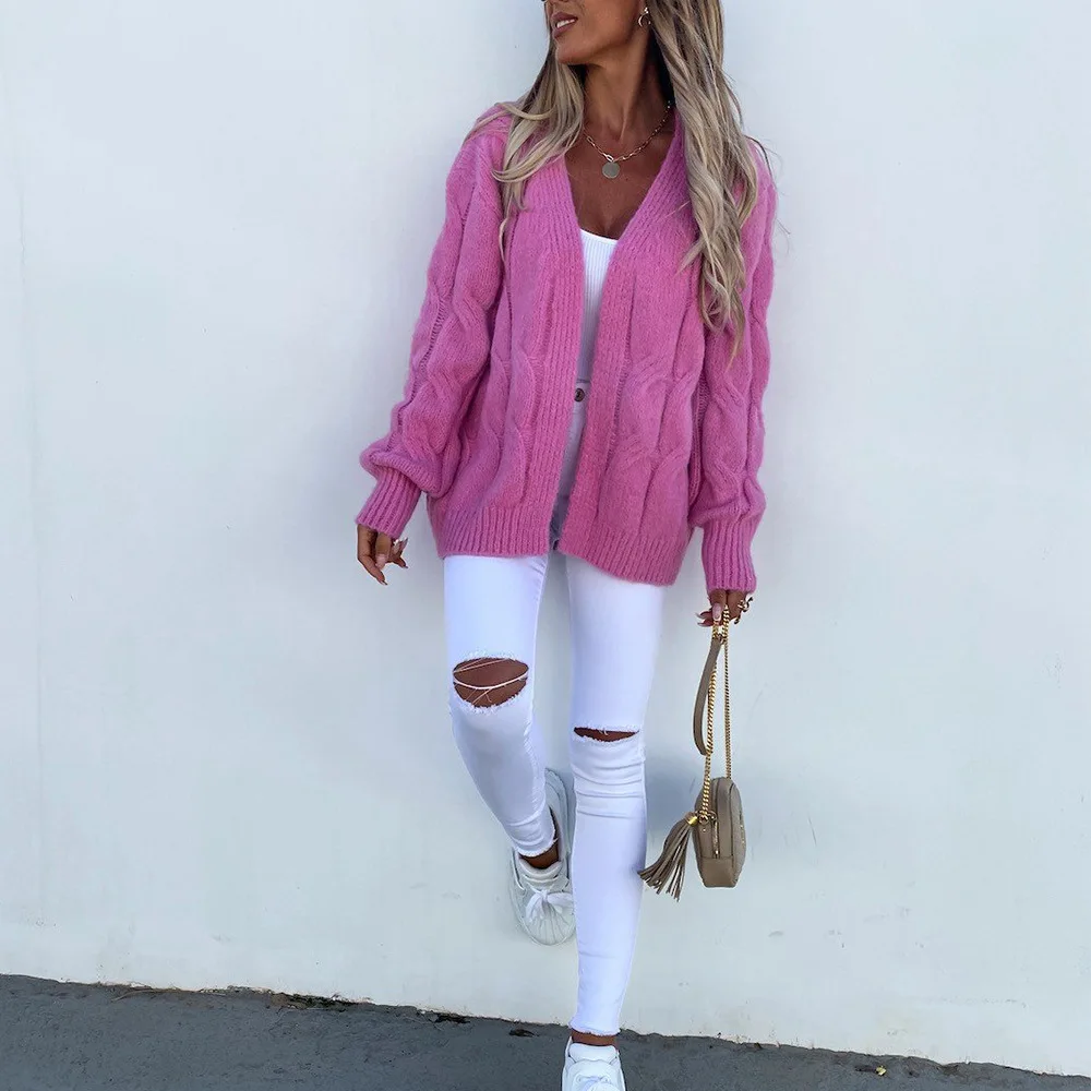 

Sweater CoatWomen Fashion Temperament Loose V Neck Long Sleeve Cardigan2021New Autumn Winter Twist Knit Sweater Women