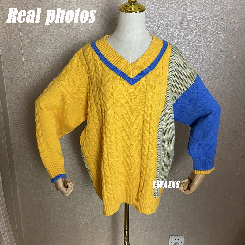 

2021 New Casual V-neck Contrast Color Pullovers Women Knitted Ribbed Sweater Female Patchwork Korean Chic Jumper Tops Pull Femme