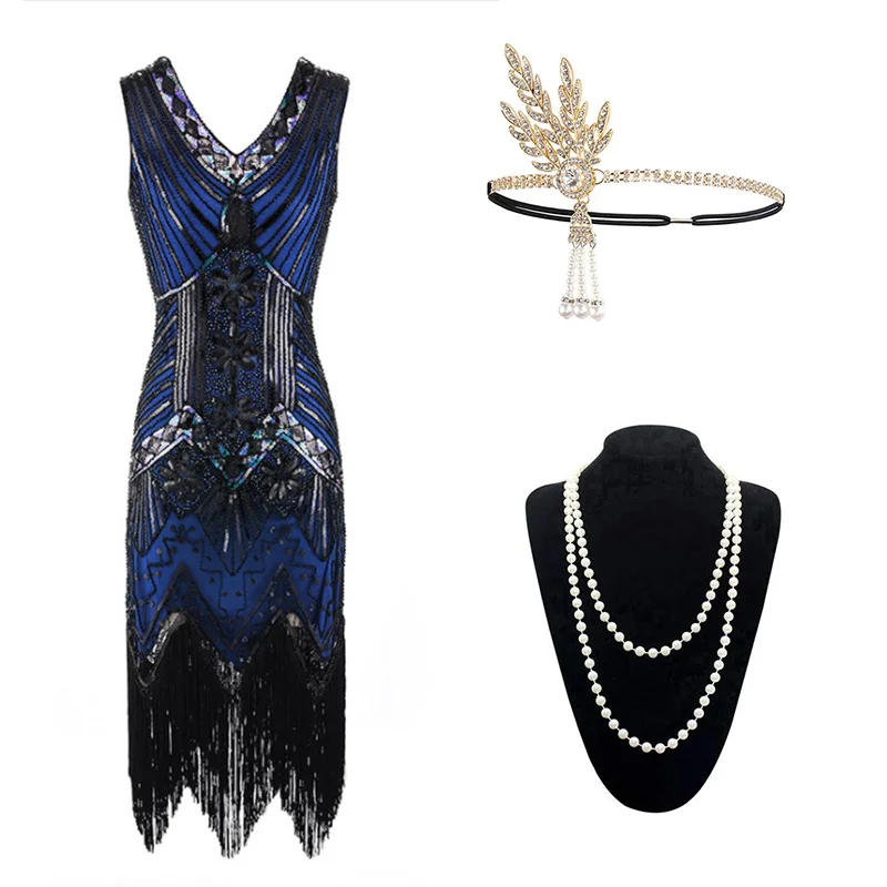 Black Blue Set Винтажное женское платье 1920s Gastby со сплошным расшитым блестками Сетчатое платье в стиле модерн украшенное бахромой платье размера плюс черный/зеленый/белый/золотой - Цвет: Black Blue Set